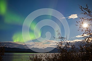 Northern Lights full moon over Lake Laberge Yukon