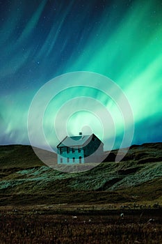 Northern lights glowing over abandoned house on hill in remote location at Iceland