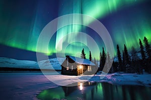 northern lights illuminating the sky over a log cabin in winter