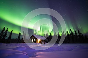 northern lights illuminating the sky over a log cabin in winter