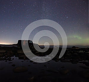 Northern lights on lake Ladoga, Russia, November 03, 2015 , travel by Jeep Wrangler