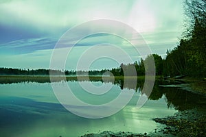 Northern lights lakescape at night