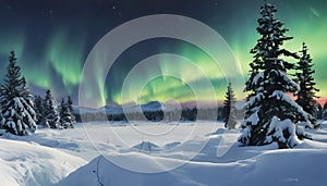 Northern Lights Magic: Stunning Aurora Borealis Above a Winter Wonderland, Generative AI photo