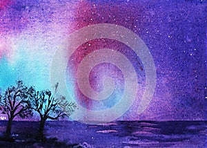 Northern Lights. Night landscape with stars in the blue, purple and blue sky. Watercolor illustration