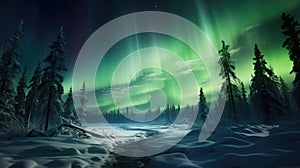 Northern lights in the night sky over frozen lake. Christmas winter background
