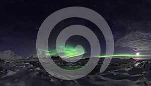 Northern lights over the frozen fjord - PANORAMA