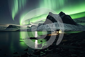 Northern lights over a frozen lake and small house with light in a windows