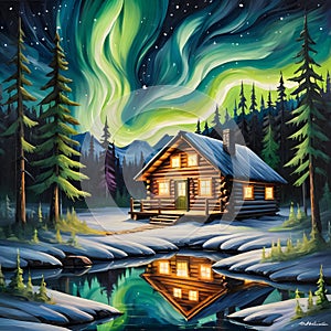 Northern lights over log cabin