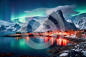 Northern lights over Reine village, Lofoten islands, Norway. Generative AI