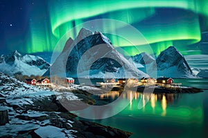 Northern lights over Reine village, Lofoten islands, Norway. Generative AI