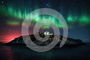 northern lights over remote island, with the stars shining in the sky