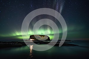 northern lights over remote island, with the stars shining in the sky