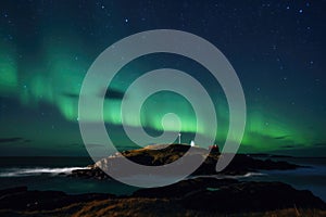 northern lights over remote island, with the stars shining in the sky