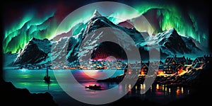 northern lights over the sea snowy mountains and city illustration design art.