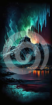 northern lights over the sea snowy mountains and city illustration design art.
