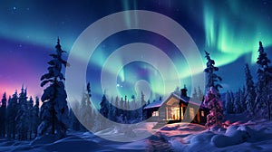 Northern lights, over a wooden house in the winter forest. Aurora borealis.