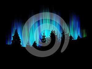 Northern lights vector. Forest silhouette against the background merry dancers. Trees landscape