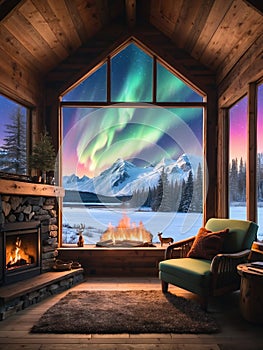 Northern lights from window in Alaska, beautiful landscape in Scandinavia