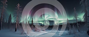 Northern lights in winter forest. Sky with colorful polar lights and stars. Night winter landscape. Generative AI