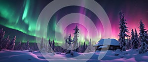 Northern lights in winter forest. Sky with colorful polar lights and stars. Night winter landscape. Generative AI