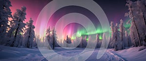 Northern lights in winter forest. Sky with colorful polar lights and stars. Night winter landscape. Generative AI