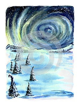 Northern lights in winter. Winter landscape with snow and firs. Watercolor landscape.