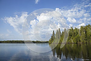 Northern Minnesota lake with trees along the shore and bright clouds on a calm morning