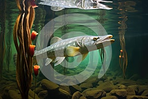 a northern pike darting through underwater lily pads in a shallow lake