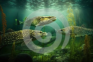 Northern Pike Fish Underwater Lush Nature by Generative AI