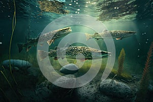 Northern Pike Fish Underwater Lush Nature by Generative AI