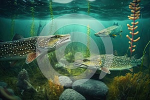 Northern Pike Fish Underwater Lush Nature by Generative AI