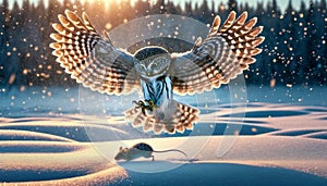 A Northern Pygmy Owl flying low during a heavy snowfall to catch a mouse AI Generated