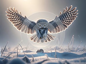 A Northern Pygmy Owl flying low after a snowfall about to catch a mouse AI Generated