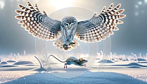 A Northern Pygmy Owl flying low after a snowfall to catch a mouse AI Generated