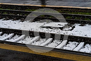 Northern Railway Station Gara de Nord during a cold and snowy day in Bucharest, Romania, 2021