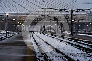 Northern Railway Station Gara de Nord during a cold and snowy day in Bucharest, Romania, 2021