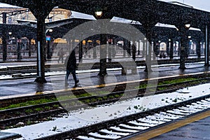 Northern Railway Station & x28;Gara de Nord& x29; during a cold and snowy day in Bucharest, Romania, 2021