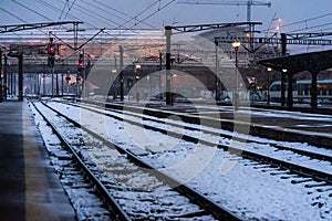 Northern Railway Station (Gara de Nord) during a cold and snowy day in Bucharest, Romania, 2021