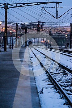 Northern Railway Station (Gara de Nord) during a cold and snowy day in Bucharest, Romania, 2021