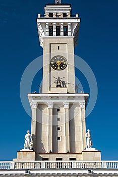 Northern River Terminal or Rechnoy Vokzal in Moscow, Russia. Spire of old building in Stalinist style