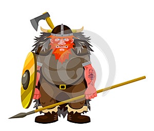 Northern scandinavian terrible warrior, viking in wolfskin cloak, leather armor & horned helmet