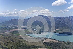 Northern shore of Benmore lake with Ahuriri river outlet, from south,  New Zealand