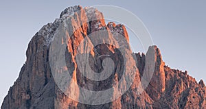 The northern side of Sasso Lungo at sunset from the Val Gardena area