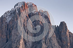 The northern side of Sasso Lungo at sunset from the Val Gardena area