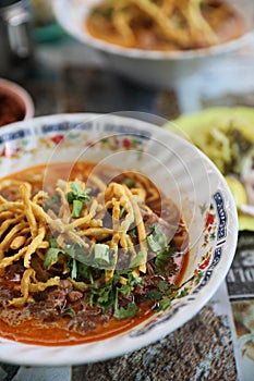 Northern Thai Curry Noodles soup , khao soi local thai street food