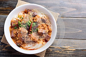 Northern Thai food Kanom Jeen Nam Ngeaw, rice noodles with spicy soup