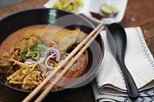 Northern Thai Style Curried Noodle Soup with Chicken or what we call in thai