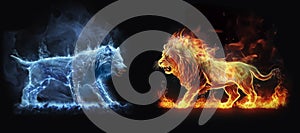 The northern wolf of their blue cold energy against the fiery lion from the element of fire, art illustration