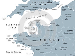 Northern France coast along English Channel and Bay of Biscay, gray map photo