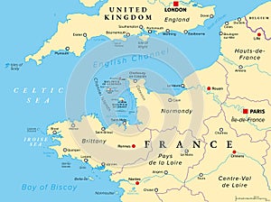 Northern France coast along English Channel and Bay of Biscay, political map photo